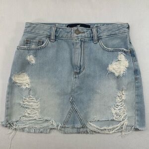 Hollister Denim Skirt Juniors High-Rise Light Wash Distressed Ripped Torn Skirt